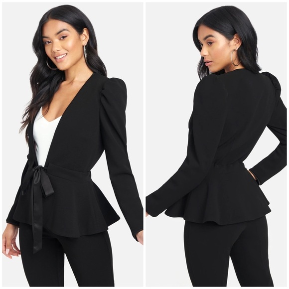 Bebe Black Stretch Twill Tie-Front Puff-Shoulder Fitted Peplum Blazer